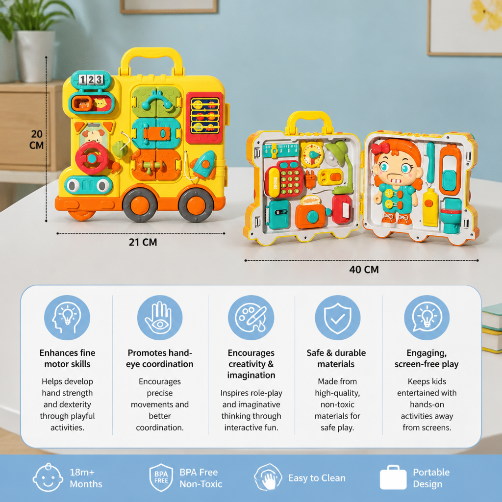 Kids Bus Busy Board Toy with Activities and Doll