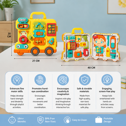 Kids Bus Busy Board Toy with Activities and Doll