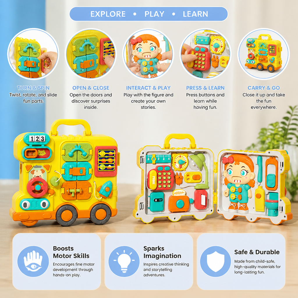 Kids Bus Busy Board Toy with Activities and Doll