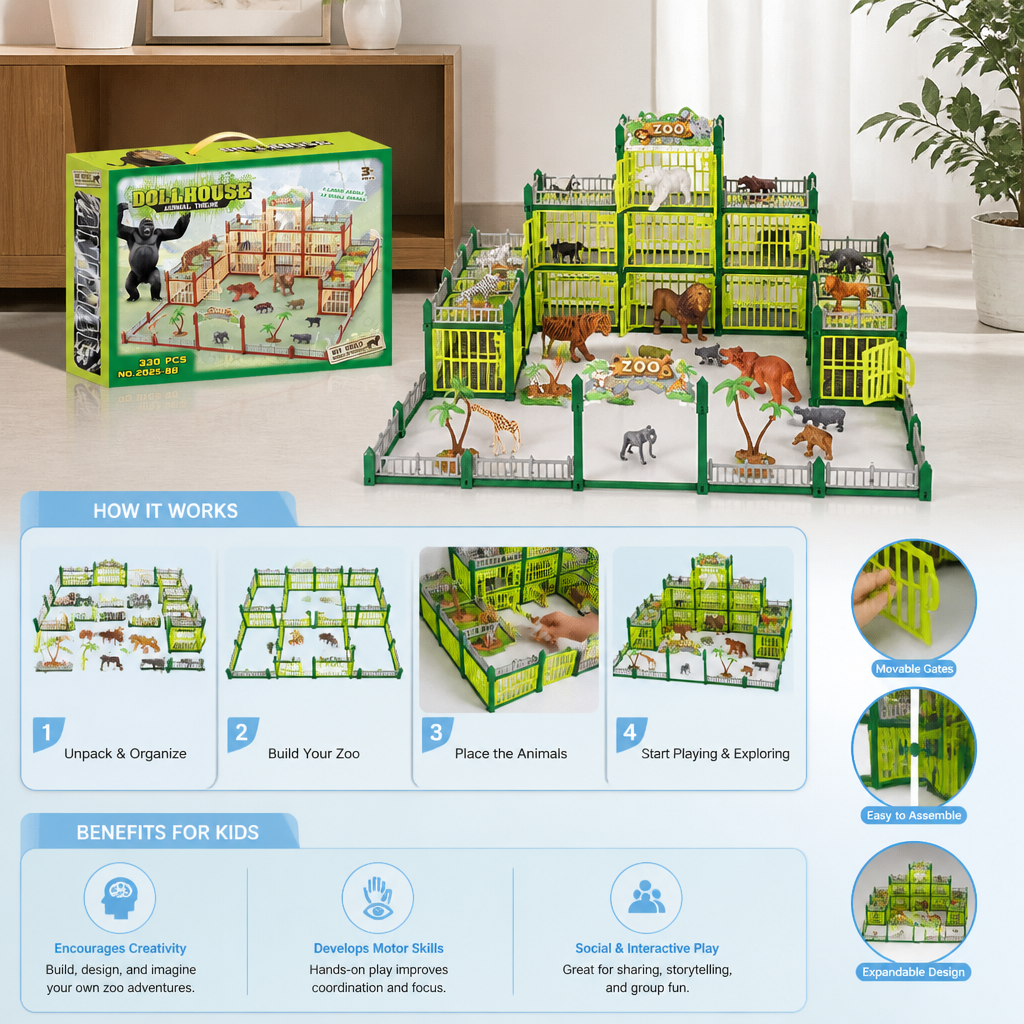 Modular Build-Your-Own Zoo Playset with Animal Figures & Interactive Cages
