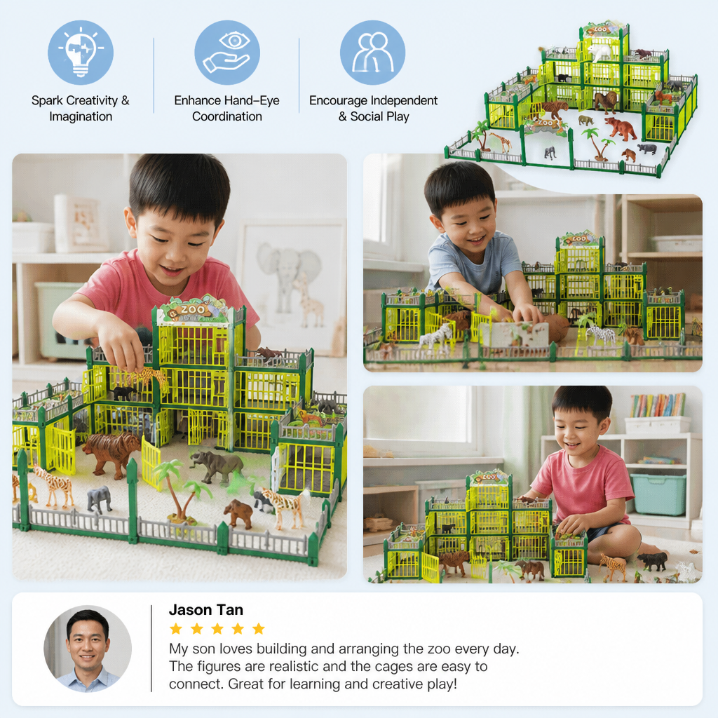 Modular Build-Your-Own Zoo Playset with Animal Figures & Interactive Cages