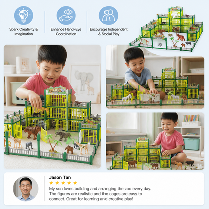 Modular Build-Your-Own Zoo Playset with Animal Figures & Interactive Cages