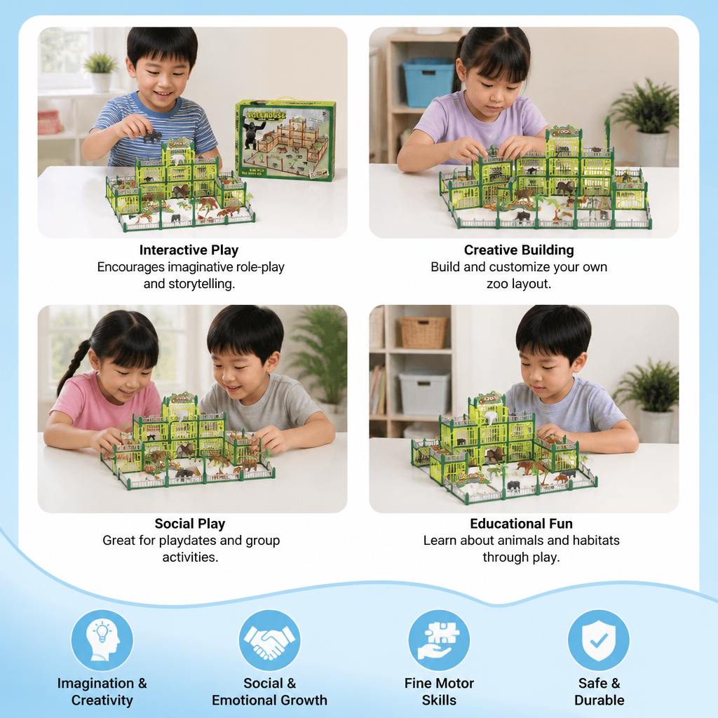 Modular Build-Your-Own Zoo Playset with Animal Figures & Interactive Cages