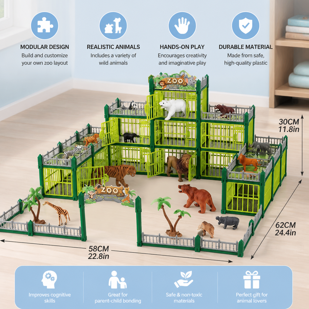 Modular Build-Your-Own Zoo Playset with Animal Figures & Interactive Cages
