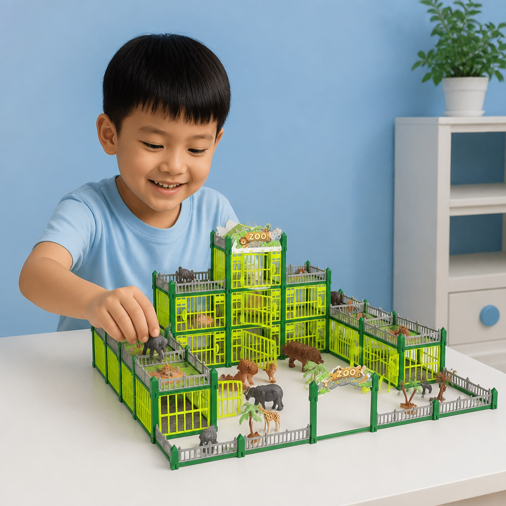 Modular Build-Your-Own Zoo Playset with Animal Figures & Interactive Cages