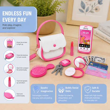 Kids Pretend Play Handbag Set with Phone, Makeup & Accessories