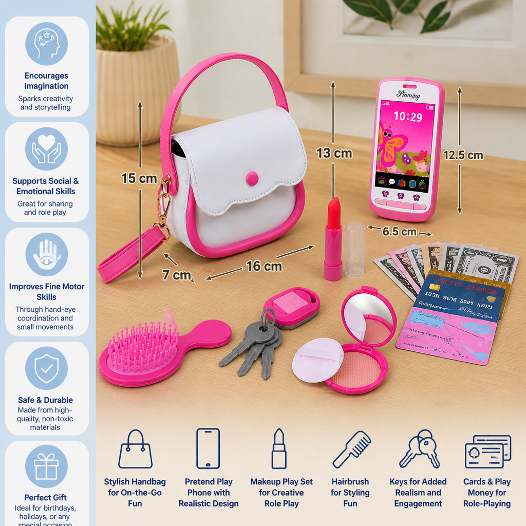 Kids Pretend Play Handbag Set with Phone, Makeup & Accessories