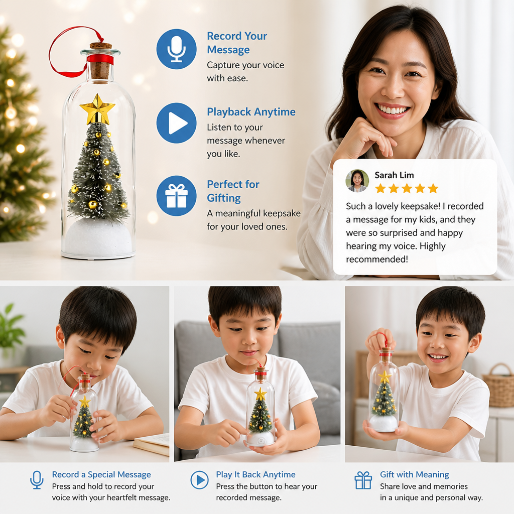 Recordable Christmas Message-in-a-Bottle Ornament with Voice Playback