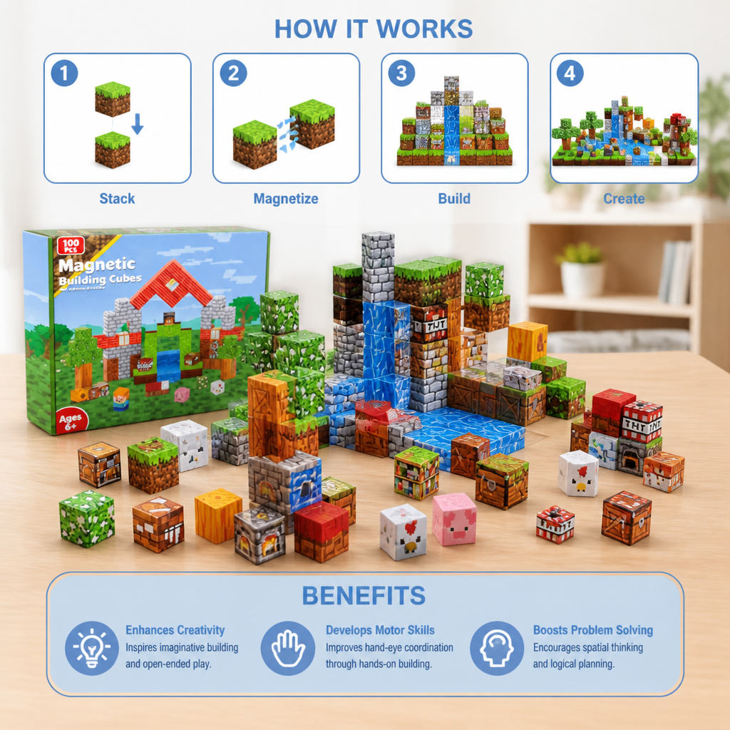 100-Piece Magnetic Building Cube Set – Montessori STEM Construction Toy for Kids
