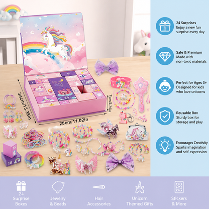 24-Day Unicorn Advent Calendar with Hair Accessories, Stickers & Surprise Gifts
