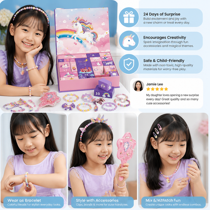 24-Day Unicorn Advent Calendar with Hair Accessories, Stickers & Surprise Gifts