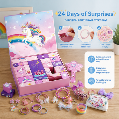 24-Day Unicorn Advent Calendar with Hair Accessories, Stickers & Surprise Gifts