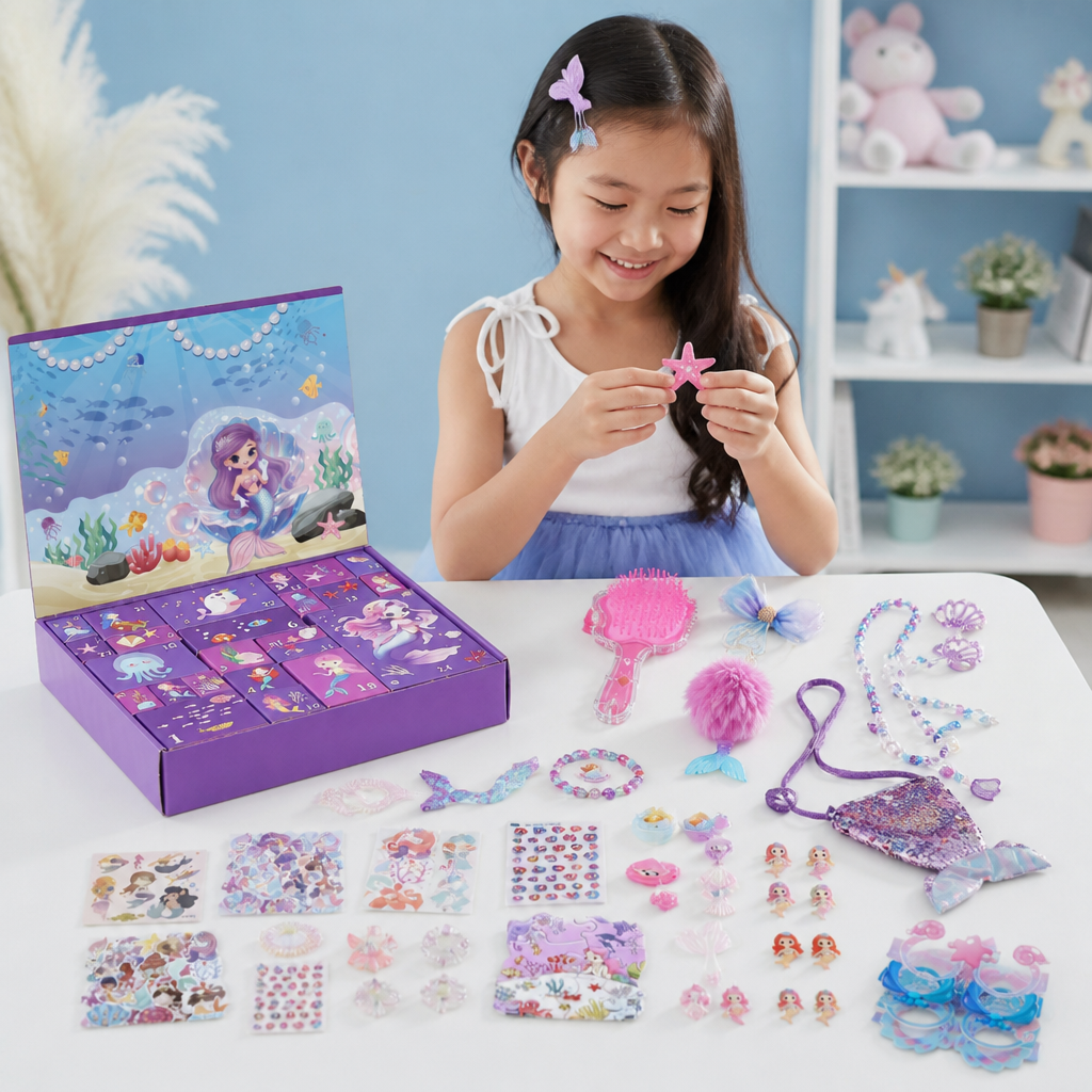 24-Day Mermaid Advent Calendar with Hair Accessories, Stickers & Surprise Gifts