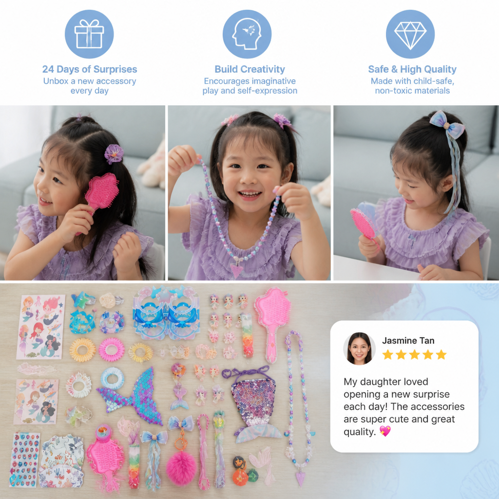 24-Day Mermaid Advent Calendar with Hair Accessories, Stickers & Surprise Gifts