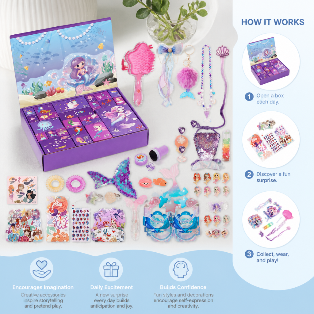 24-Day Mermaid Advent Calendar with Hair Accessories, Stickers & Surprise Gifts