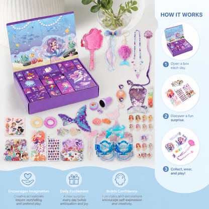 24-Day Mermaid Advent Calendar with Hair Accessories, Stickers & Surprise Gifts
