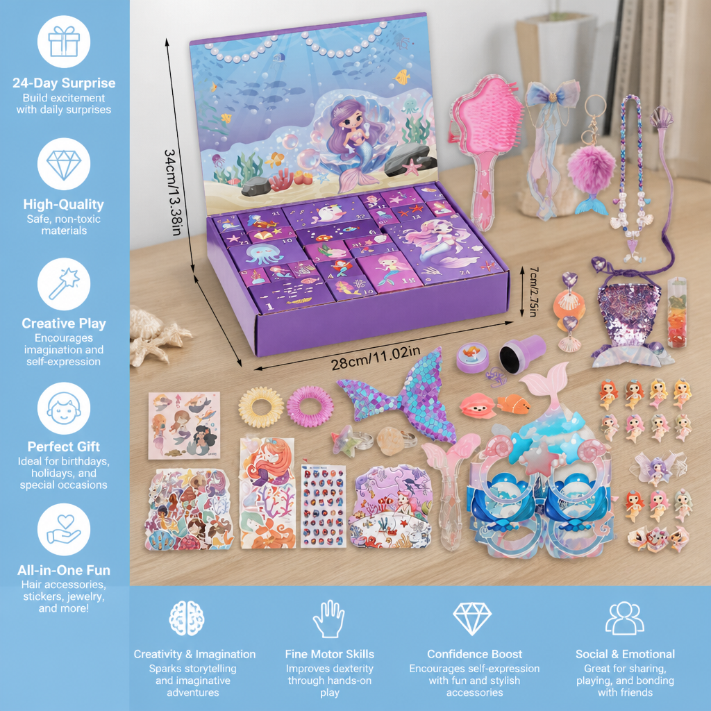 24-Day Mermaid Advent Calendar with Hair Accessories, Stickers & Surprise Gifts
