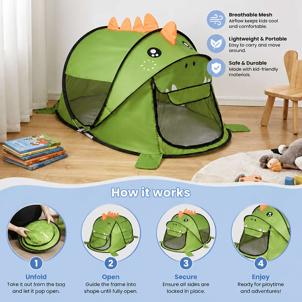Foldable Dino Play Tent for Kids – Perfect for Warm Days & Cozy Playtime