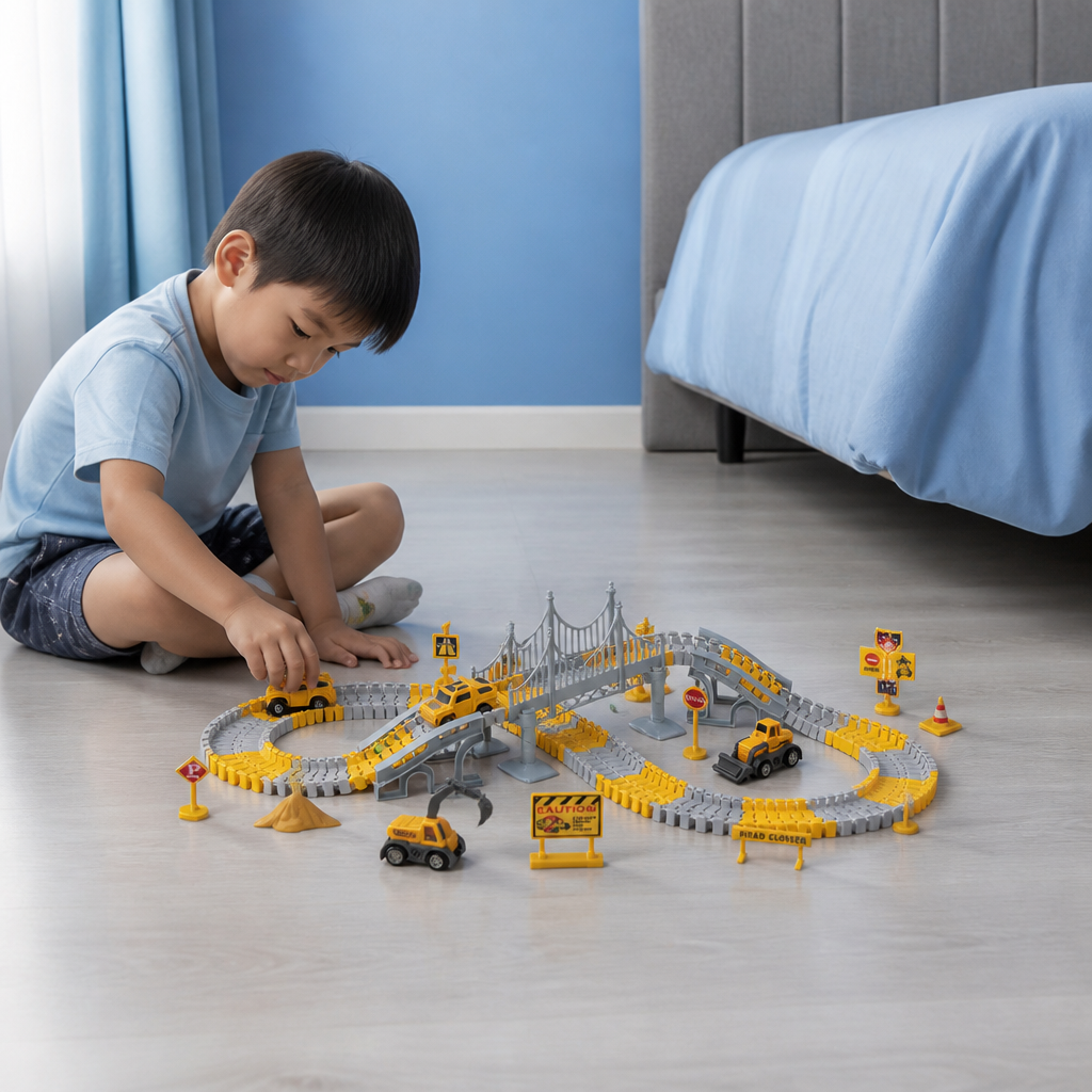 Construction Truck Race Track Playset with Bridge, Vehicles & Road Signs