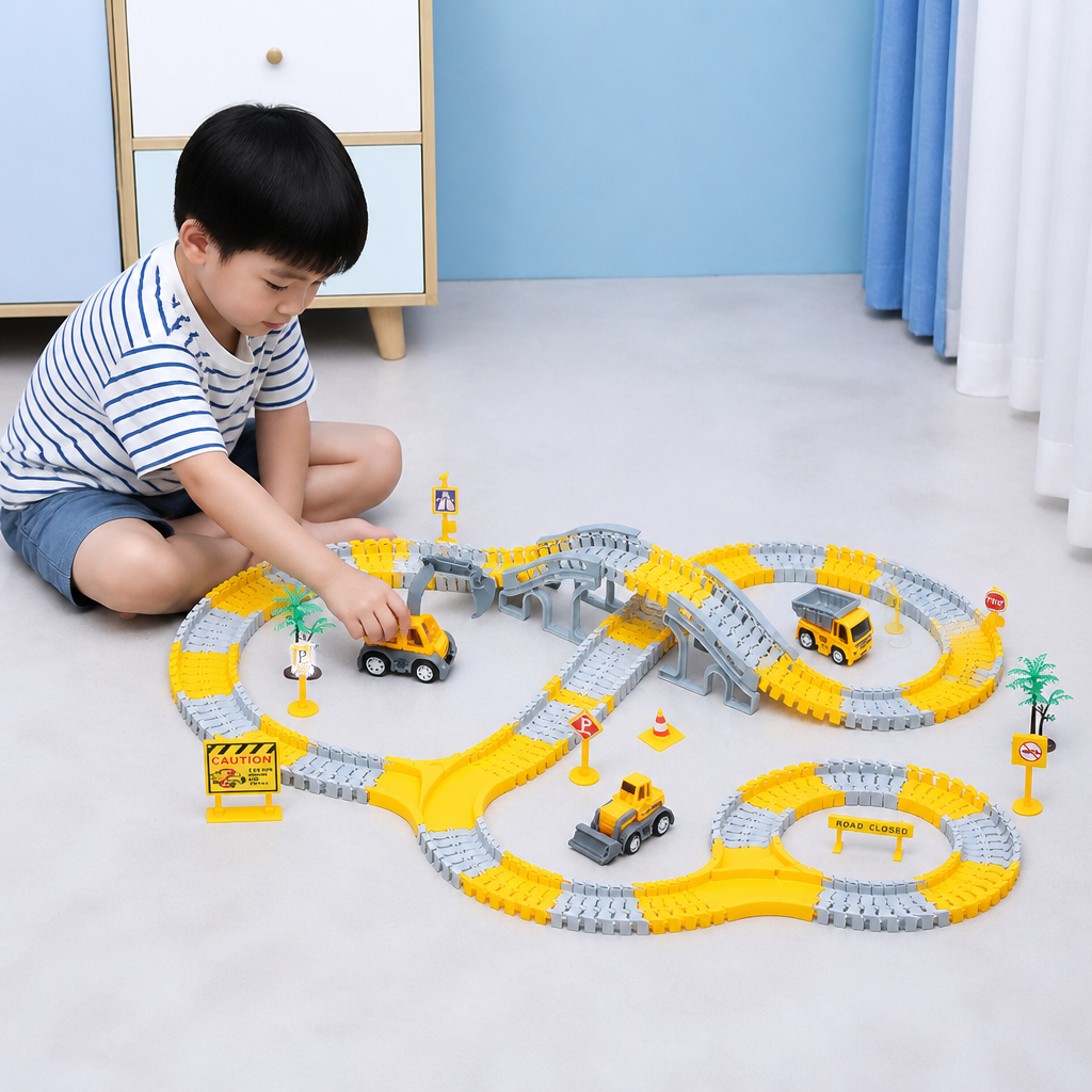 Construction Truck Race Track Playset with Bridge, Vehicles & Road Signs