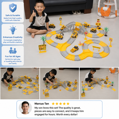 Construction Truck Race Track Playset with Bridge, Vehicles & Road Signs