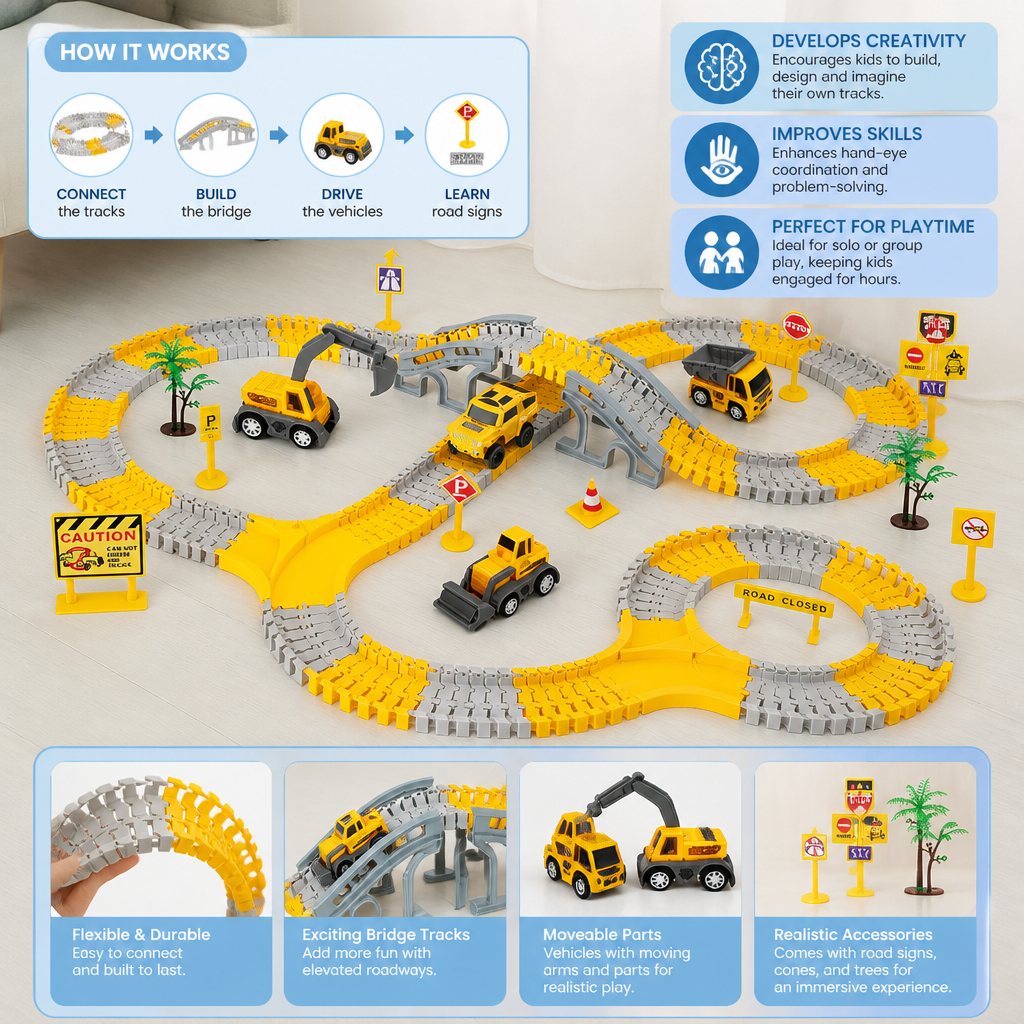 Construction Truck Race Track Playset with Bridge, Vehicles & Road Signs