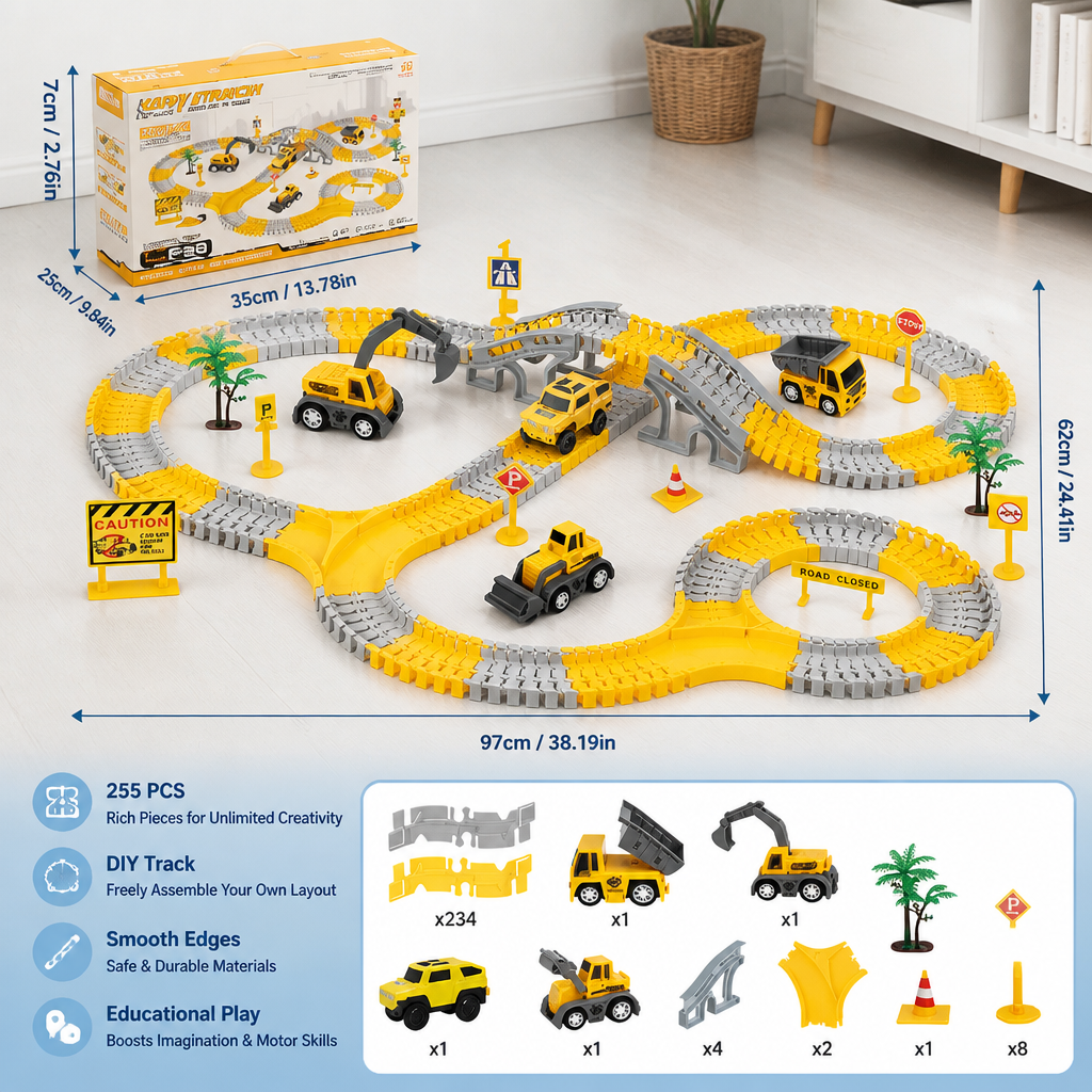 Construction Truck Race Track Playset with Bridge, Vehicles & Road Signs