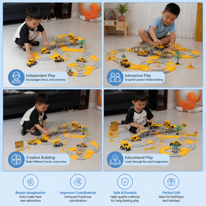Construction Truck Race Track Playset with Bridge, Vehicles & Road Signs
