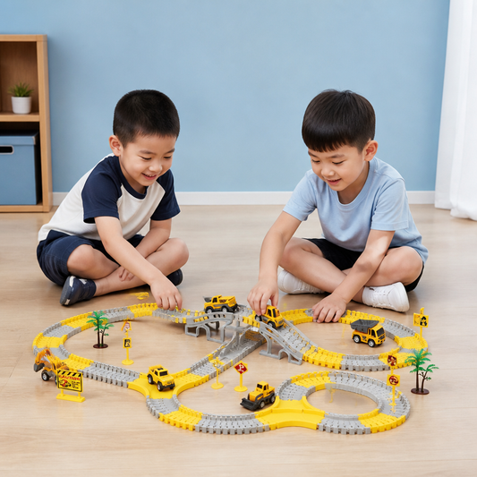 Construction Truck Race Track Playset with Bridge, Vehicles & Road Signs