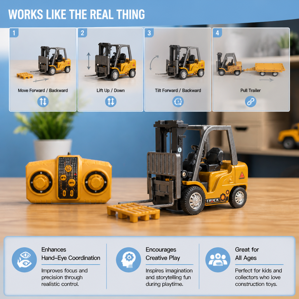 1:64 Scale RC Construction Vehicles – Forklift, Excavator, Dump Truck & Bulldozer