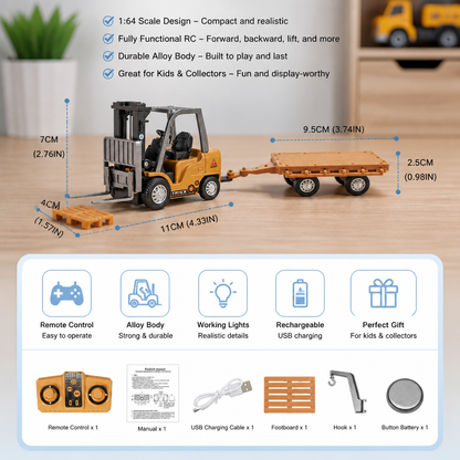 1:64 Scale RC Construction Vehicles – Forklift, Excavator, Dump Truck & Bulldozer