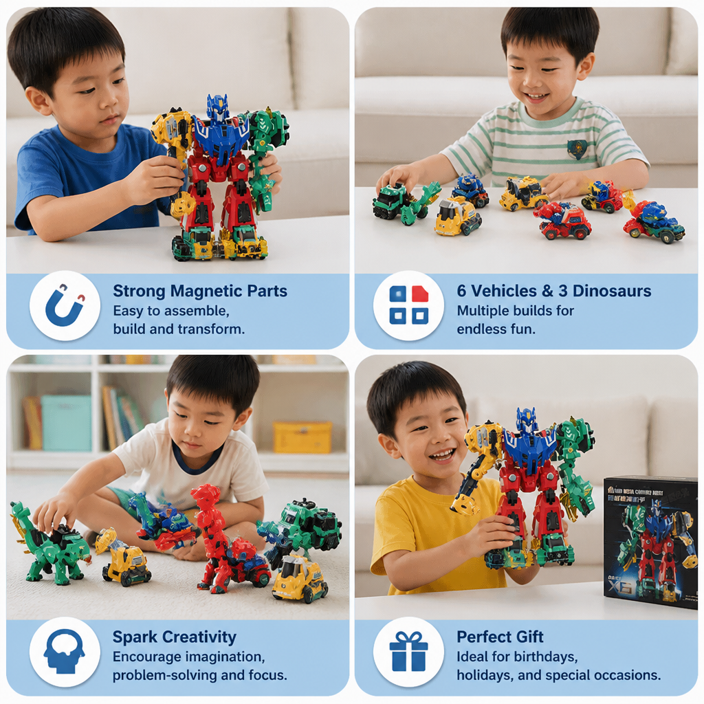 6-in-1 Magnetic Transforming Toy – Build 6 Vehicles, 3 Dinosaurs & 1 Robot