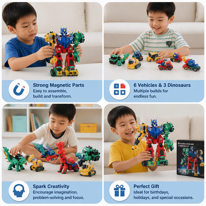 6-in-1 Magnetic Transforming Toy – Build 6 Vehicles, 3 Dinosaurs & 1 Robot