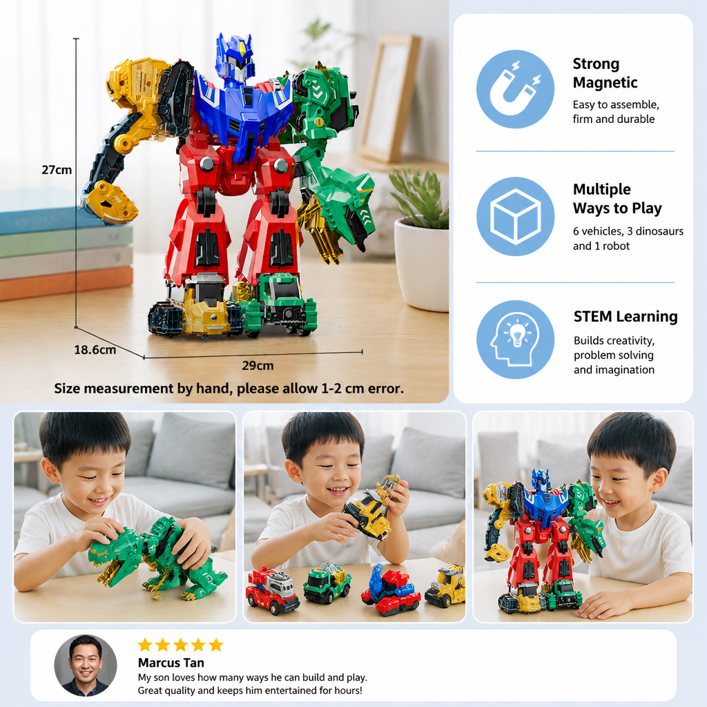 6-in-1 Magnetic Transforming Toy – Build 6 Vehicles, 3 Dinosaurs & 1 Robot