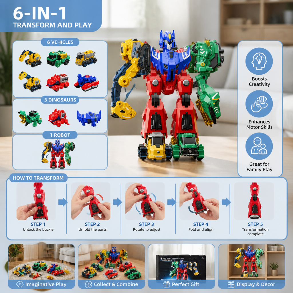 6-in-1 Magnetic Transforming Toy – Build 6 Vehicles, 3 Dinosaurs & 1 Robot