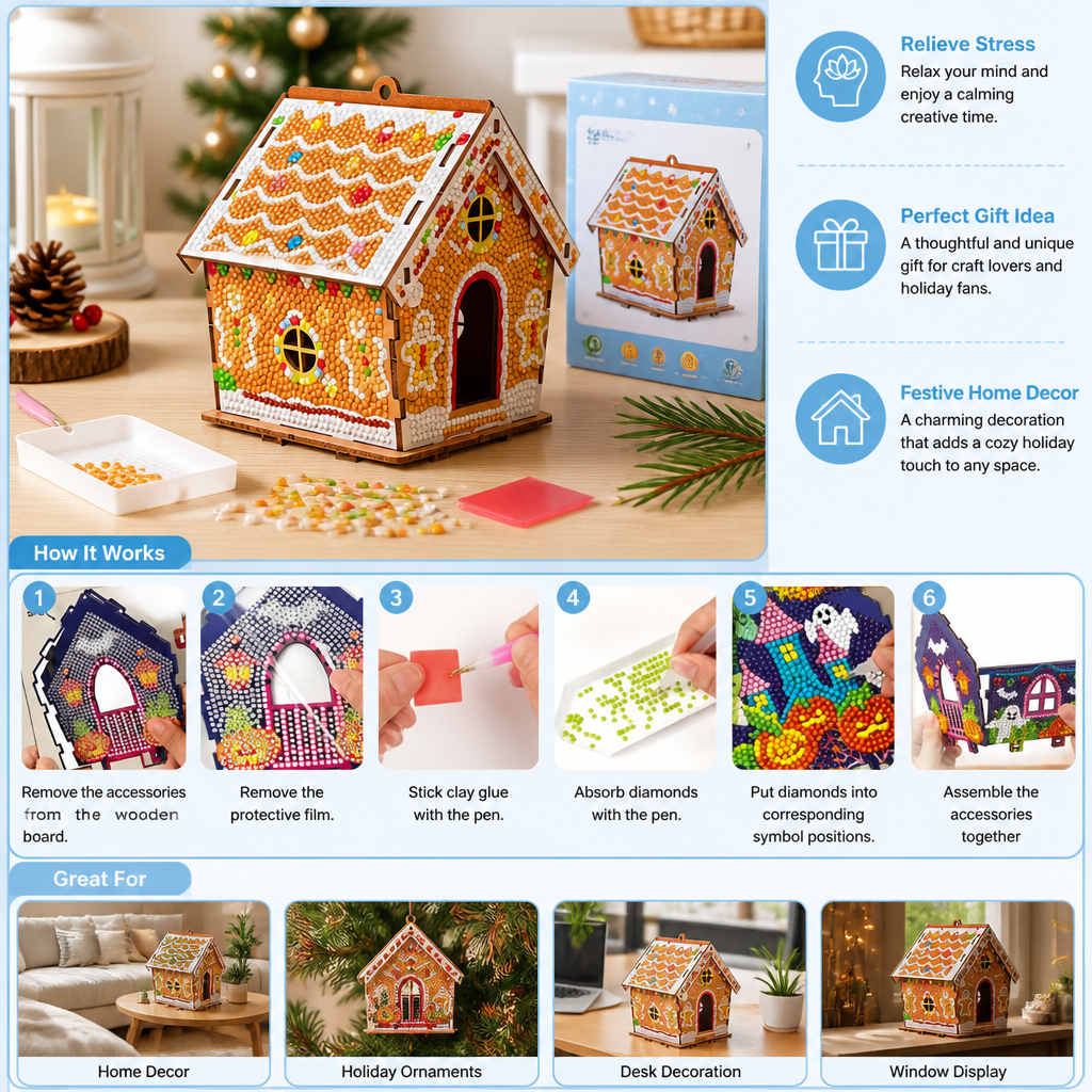 DIY 3D Wooden Gingerbread House Puzzle & Diamond Art Kit