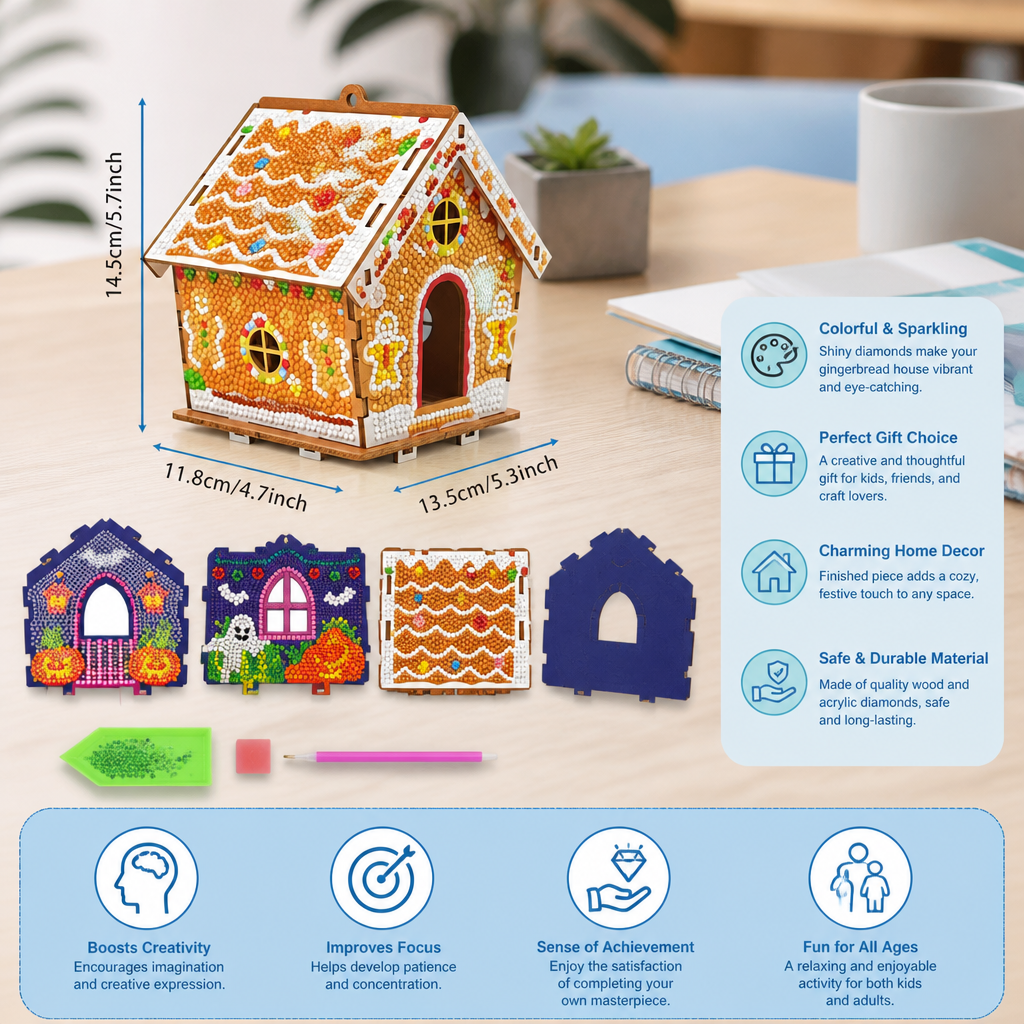 DIY 3D Wooden Gingerbread House Puzzle & Diamond Art Kit