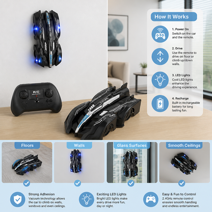 Remote Control Wall-Climbing Car with LED Lights