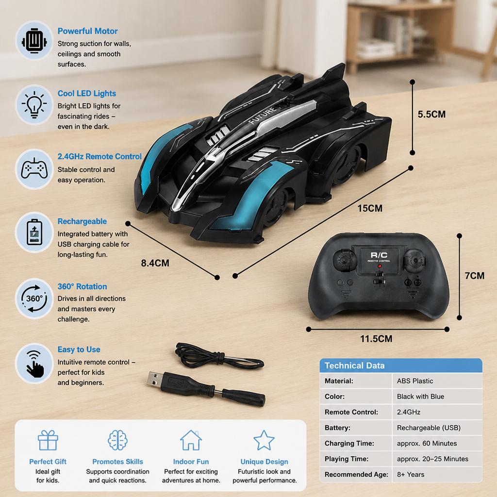 Remote Control Wall-Climbing Car with LED Lights