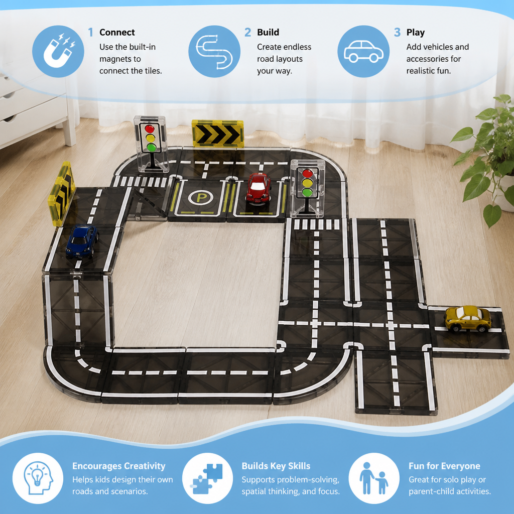 Magnetic Tiles & Building Blocks Set with Roads & Traffic Lights