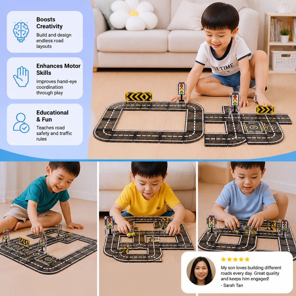 Magnetic Tiles & Building Blocks Set with Roads & Traffic Lights