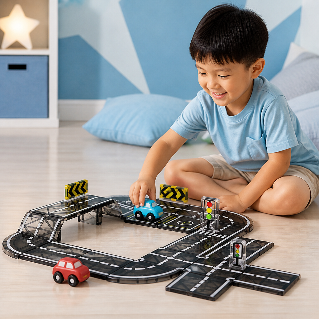 Magnetic Tiles & Building Blocks Set with Roads & Traffic Lights