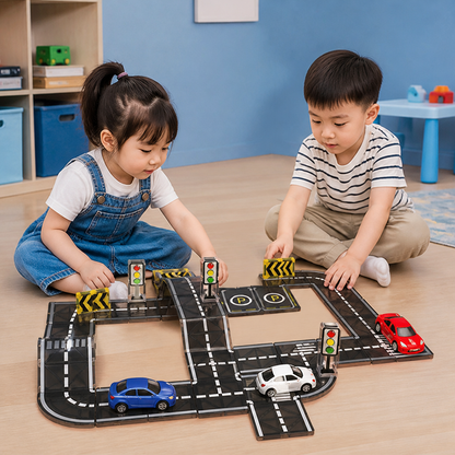 Magnetic Tiles & Building Blocks Set with Roads & Traffic Lights