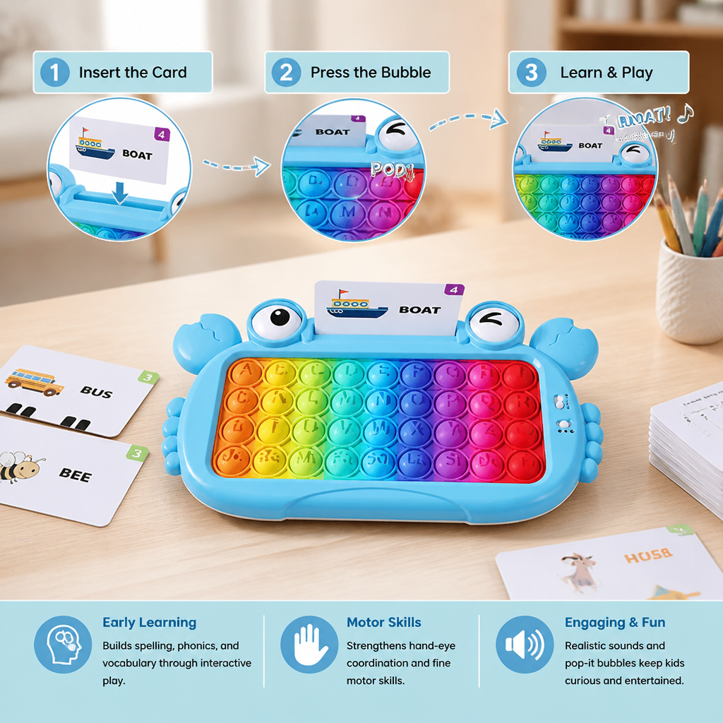 Interactive Talking Flash Card Learning Tablet with Pop-It Keyboard, Spelling & Phonics Games