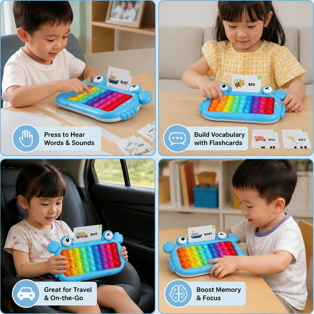 Interactive Talking Flash Card Learning Tablet with Pop-It Keyboard, Spelling & Phonics Games
