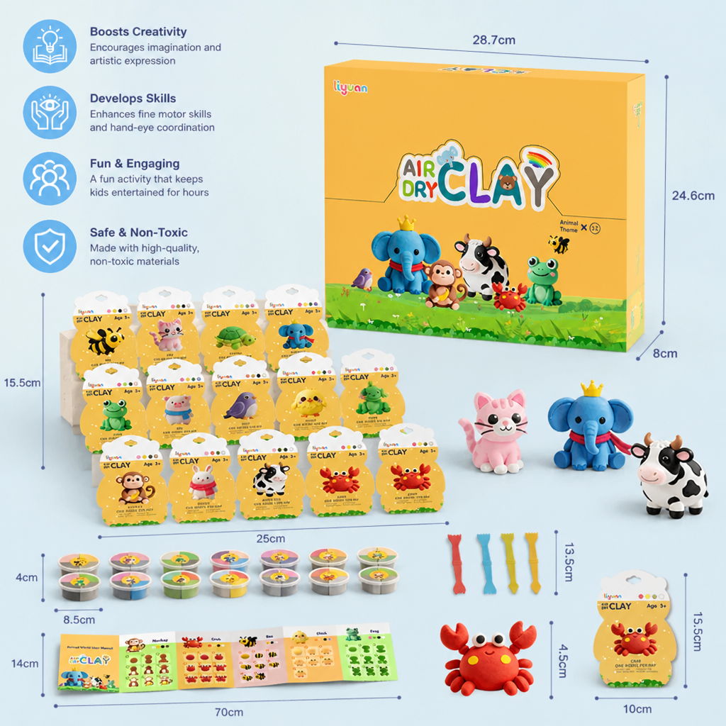 12-Piece Air Dry Clay Animal Craft Kit for Kids