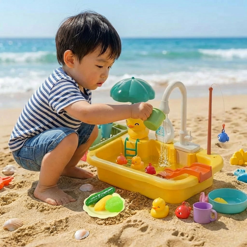 Kids Play Kitchen Sink Set with Running Water & Fishing Game