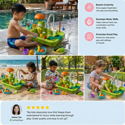 Kids Play Kitchen Sink Set with Running Water & Fishing Game