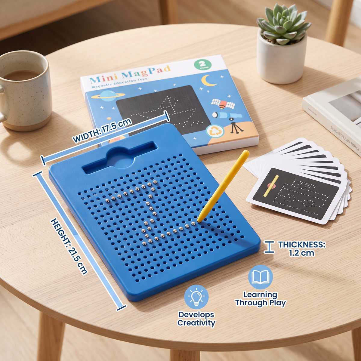2-in-1 Magnetic Writing & Drawing Board with Snap-On Shape Tiles for Kids