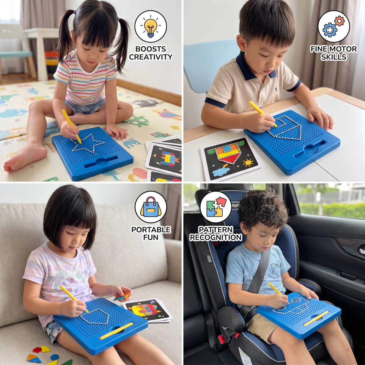 2-in-1 Magnetic Writing & Drawing Board with Snap-On Shape Tiles for Kids